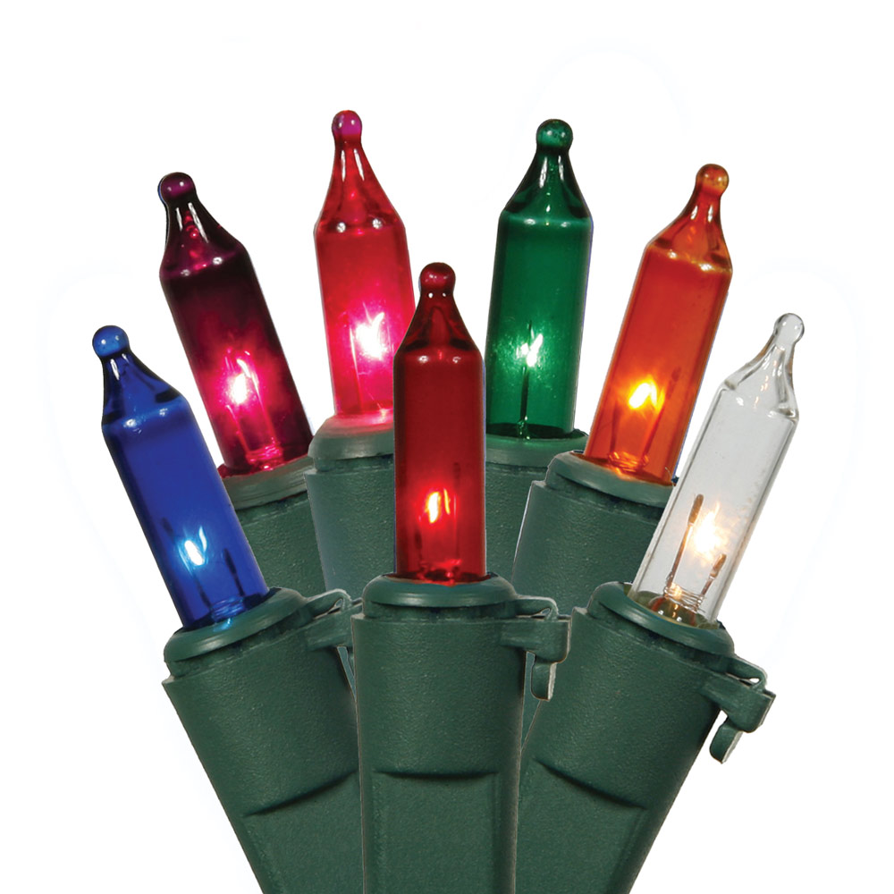 50 Incandescent Mini Multi Color Christmas Light Set Green Wire