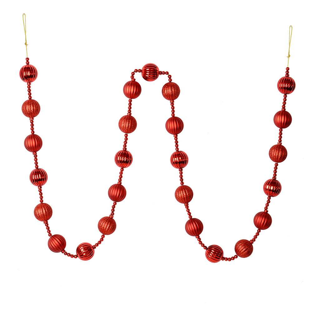 6 Foot Red Stripe Ball Ornament Garland Shatterproof Assorted Finishes