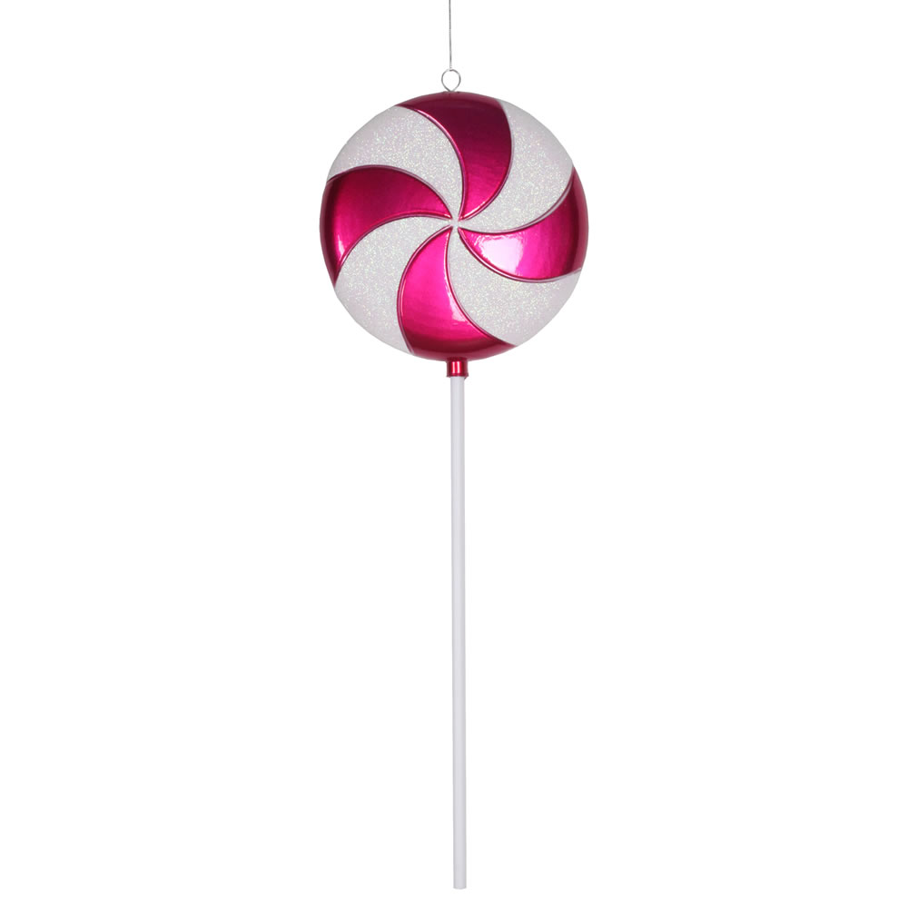 24 Inch Cerise Pink White Stripe Candy Iridescent Glitter Lollipop Christmas Ornament