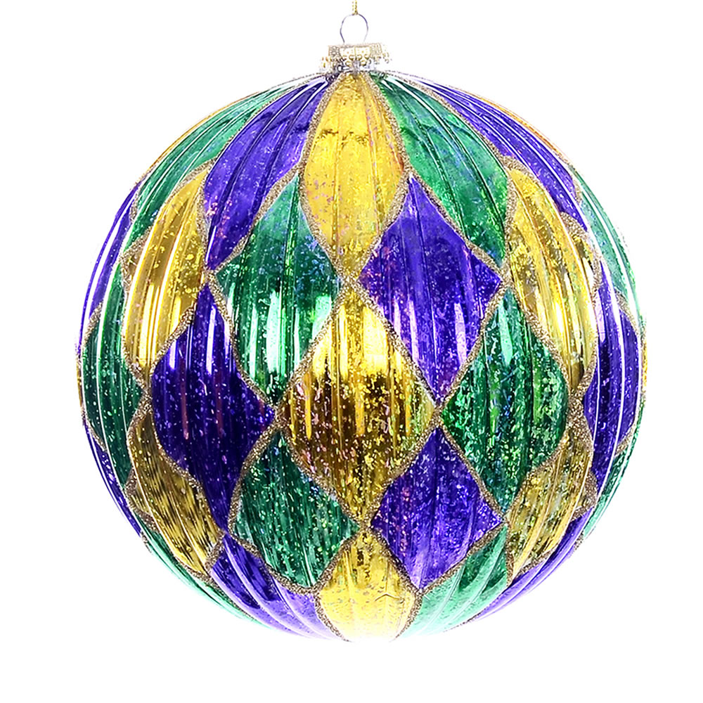Mardi Gras Diamond Round Ball Ornament Shatterproof
