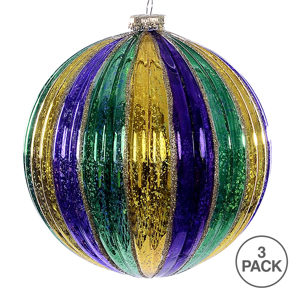 4.75 Inch Mardi Gras Stripe Round Ball Ornament Shatterproof