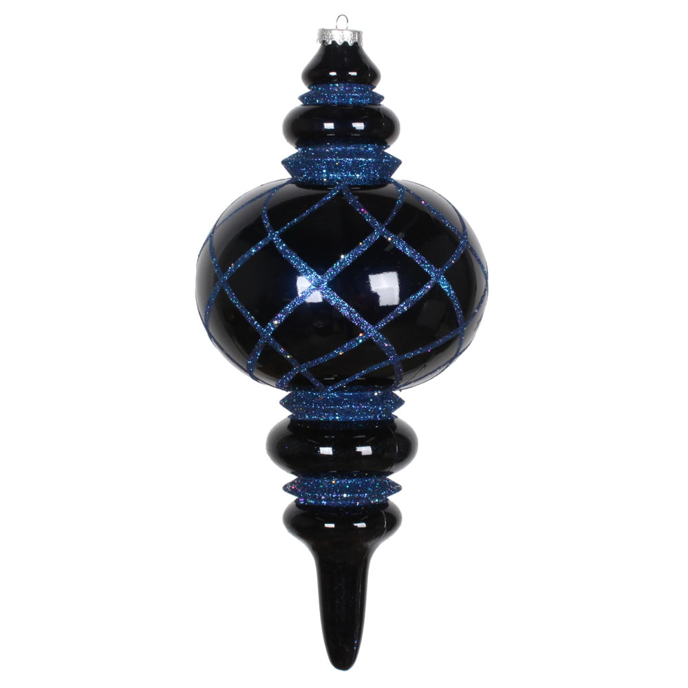 13 Inch Midnight Blue Candy Finish Net Top Finial Ornament with Glitter Accents