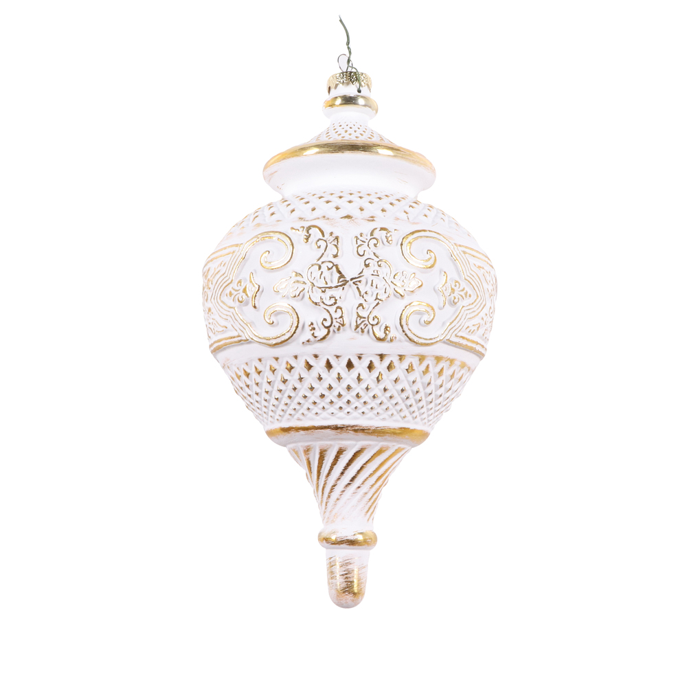 10.5 Inch White Matte With Gold Accents Sphere Christmas Finial Ornament Shatterproof