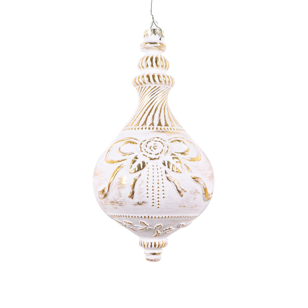 10.5 Inch White Matte With Gold Accents Drop Christmas Finial Ornament Shatterproof