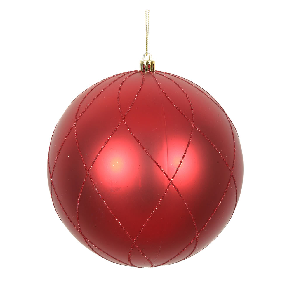 6 Inch Red Matte Glitter Swirl Round Christmas Ball Ornament Shatterproof
