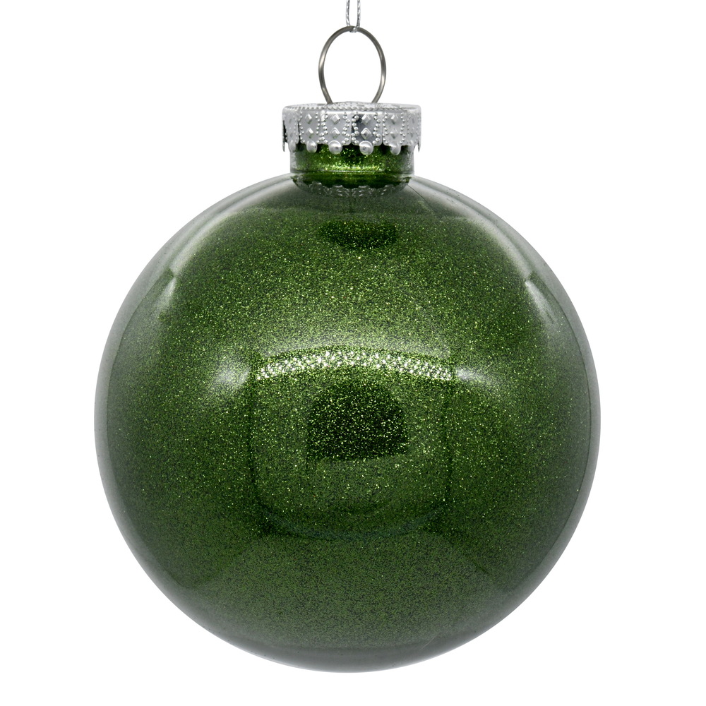 3 Inch Moss Green Glitter Clear Round Christmas Ball Ornament Shatterproof