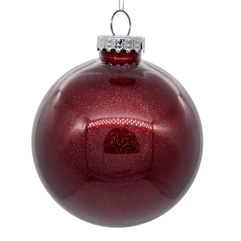 3 Inch Burgundy Glitter Clear Round Christmas Ball Ornament Shatterproof