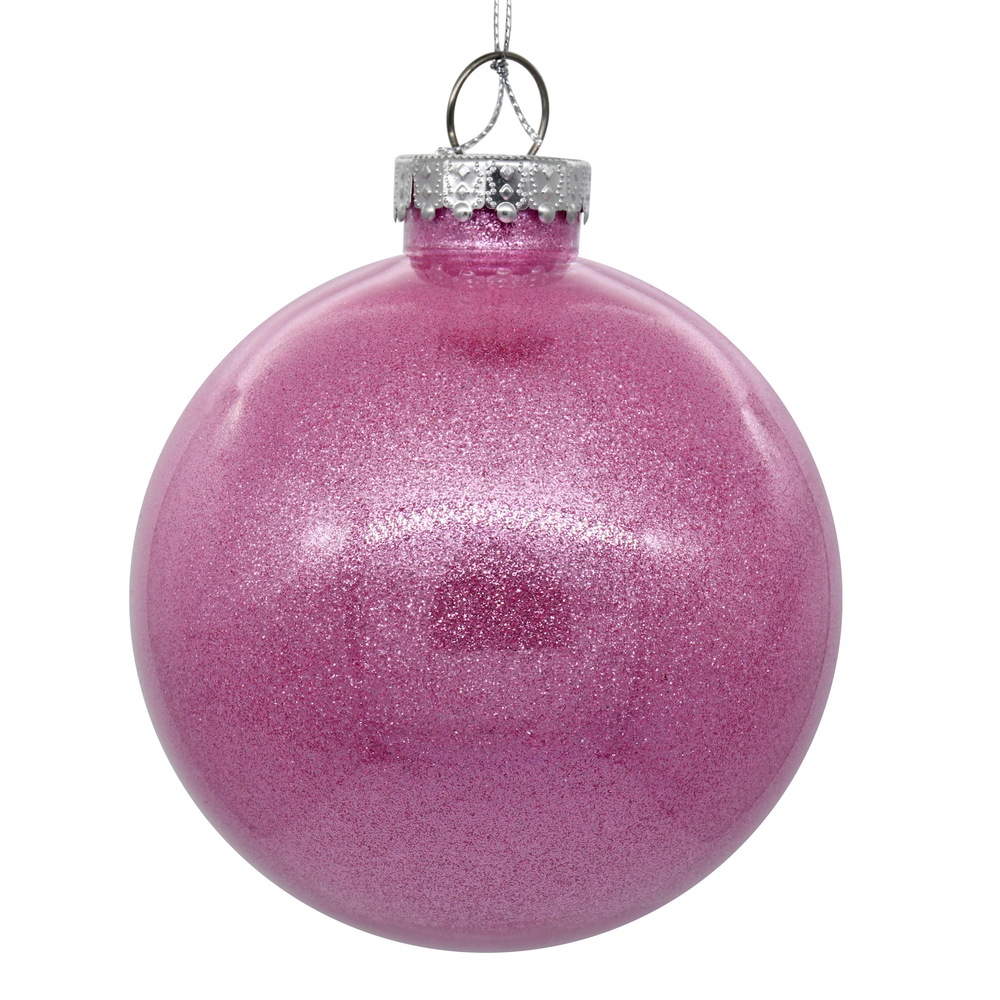 4 Inch Pink Clear Ball Glitter Round Christmas Ball Ornament Shatterproof