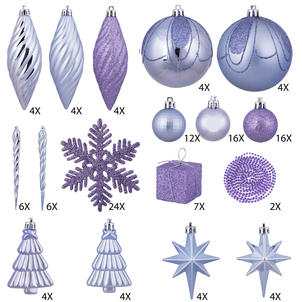 125 Piece Lavender Assorted Plastic Christmas Ornament Set
