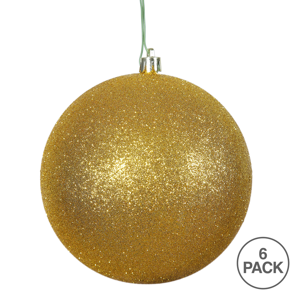 4 Inch Antique Gold Glitter Round Christmas Ball Ornament Shatterproof
