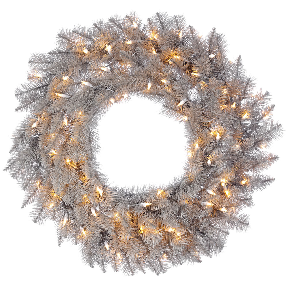 30 Inch Platinum Fir Artificial Christmas Wreath 100 LED M5 Italian Warm White Mini Lights
