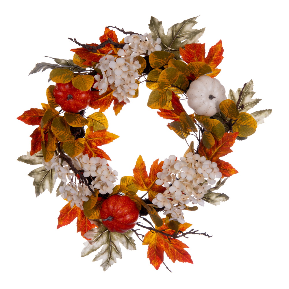 22 Inch Fall Pumpkin Hydrangea Orange and White Color Wreath