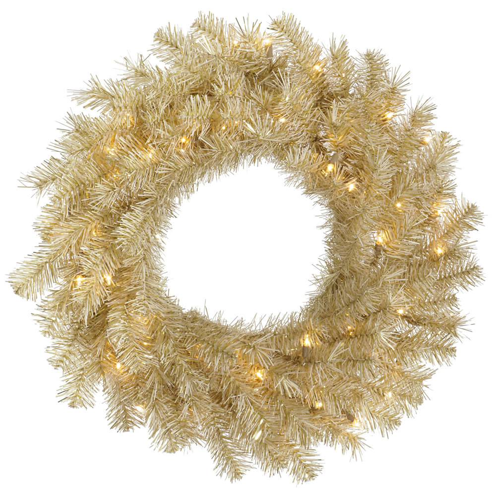 30 Inch White Gold Tinsel Artificial Christmas Wreath 50 DuraLit Incandescent Clear Mini Lights