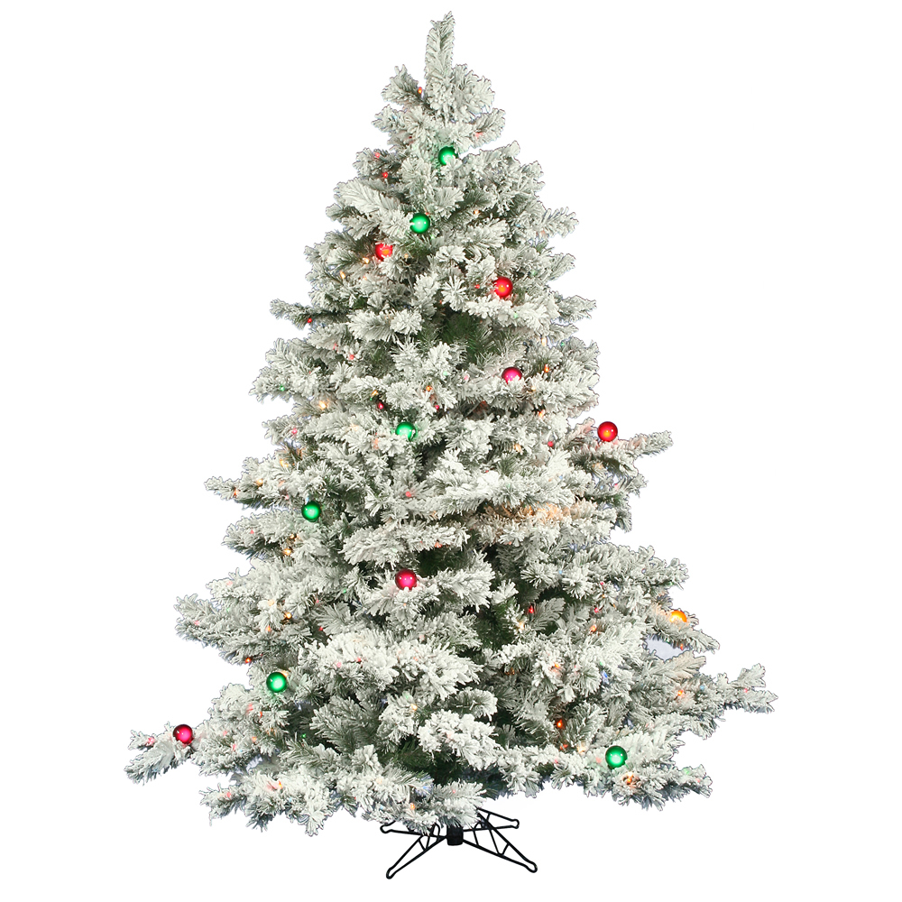 6.5 Foot Flocked Alaskan Artificial Christmas Tree 600 DuraLit Incandescent Mini Multi Color Lights 30 G50 Multi Color Lights
