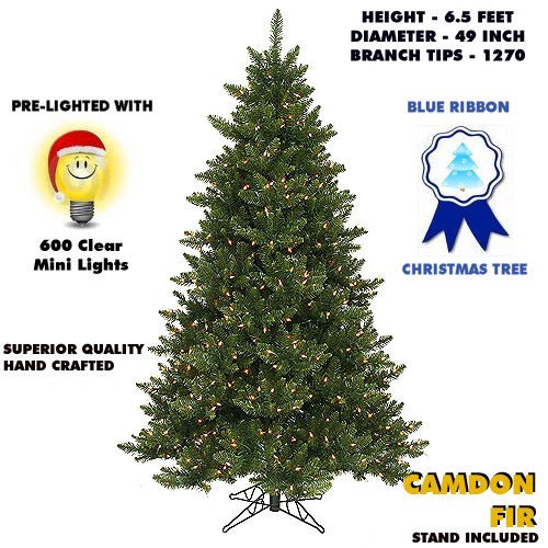6.5 Foot Camdon Fir Artificial Christmas Tree 650 DuraLit Incandescent Clear Mini Lights