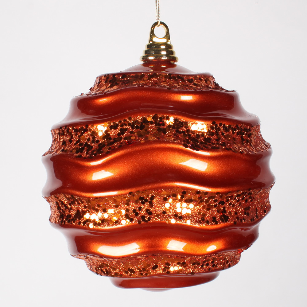 8 Inch Burnished Orange Candy Glitter Wave Round Christmas Ball Ornament