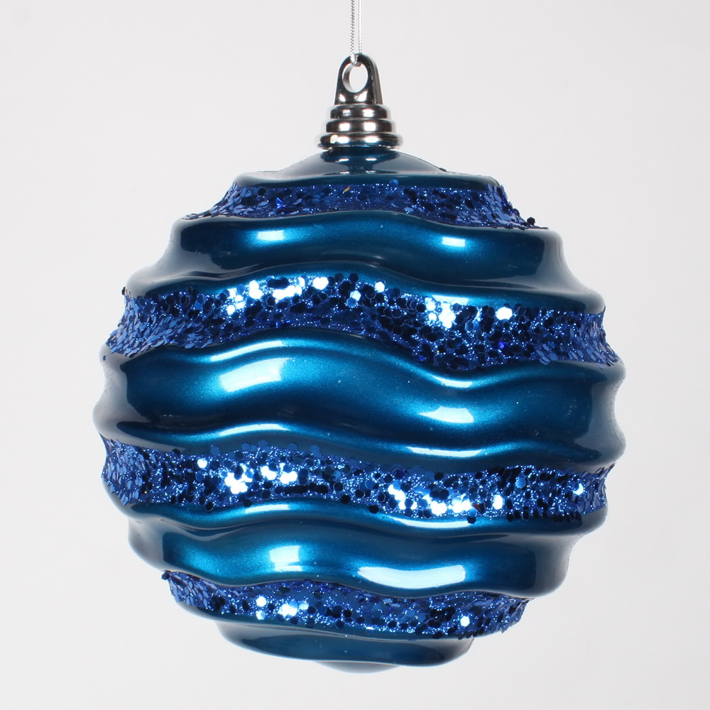 8 Inch Sea Blue Candy Glitter Wave Round Christmas Ball Ornament