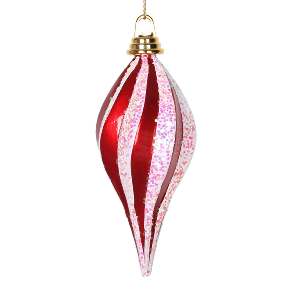 8 Inch Red And White Candy Glitter Swirl Drop Ornament