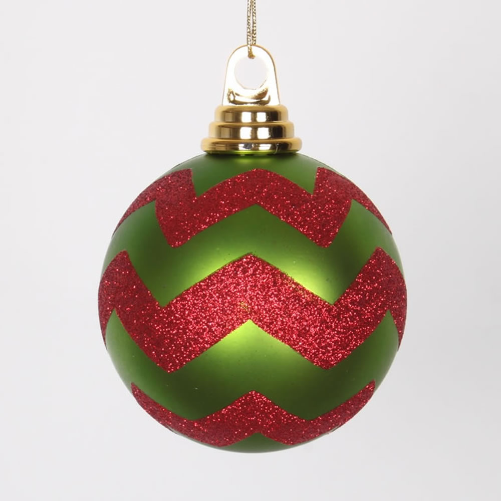 4 Inch Lime And Red Matte Glitter Chevron Round Shatterproof Christmas Ball Ornament