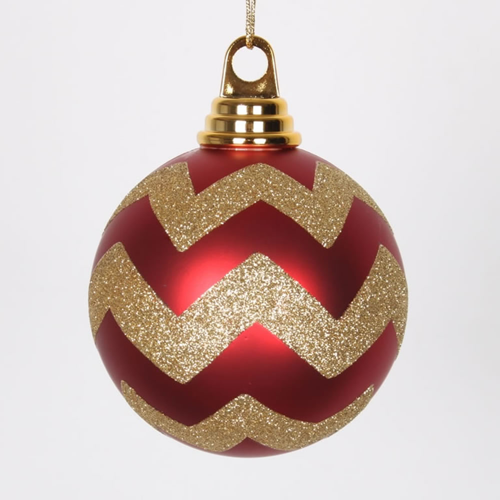 Christmastopia.com 4 Inch Red and Gold Matte Glitter Chevron Round Shatterproof Christmas Ball Ornament