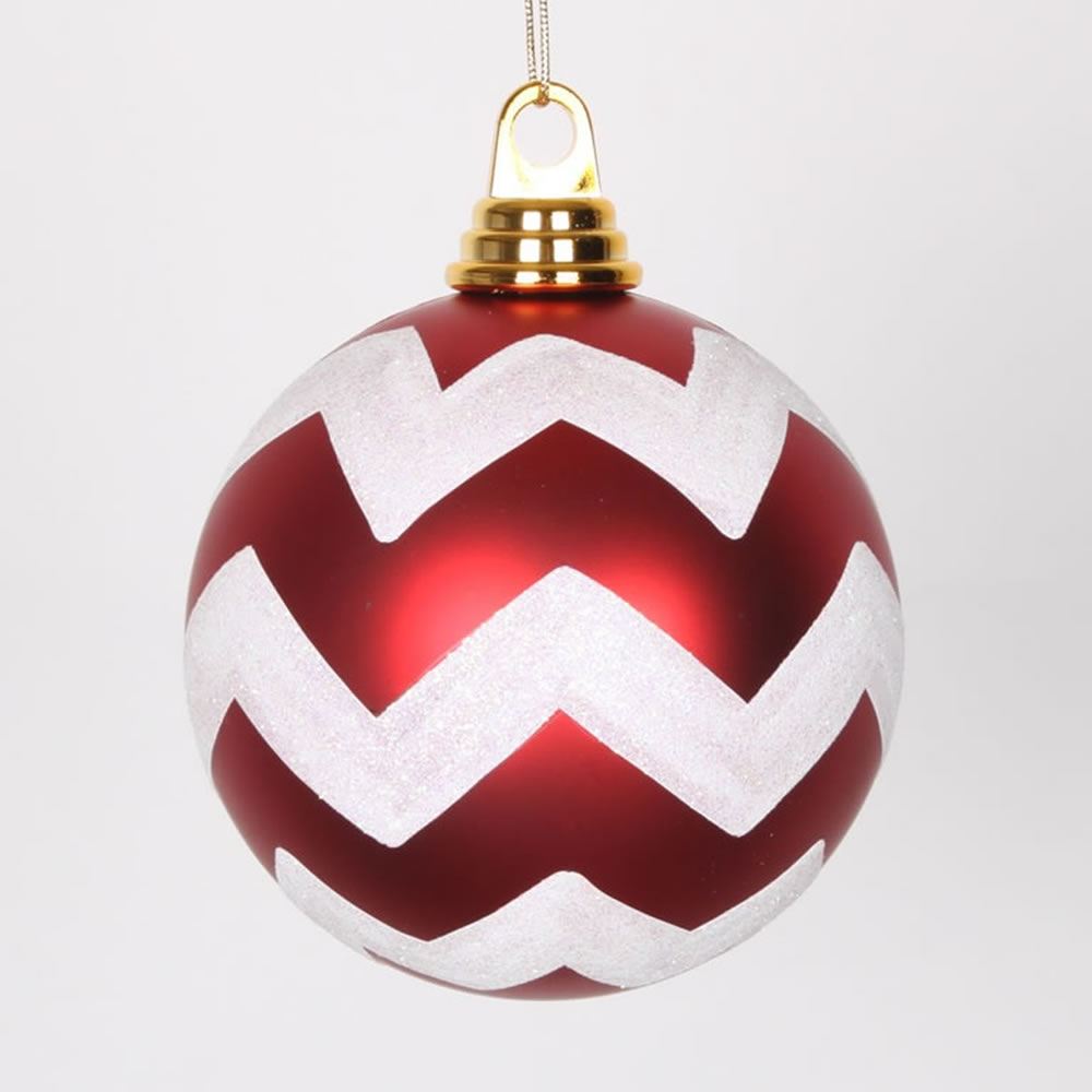 4.75 Inch Red and White Matte Glitter Chevron Round Christmas Ball Ornament Shatterproof​