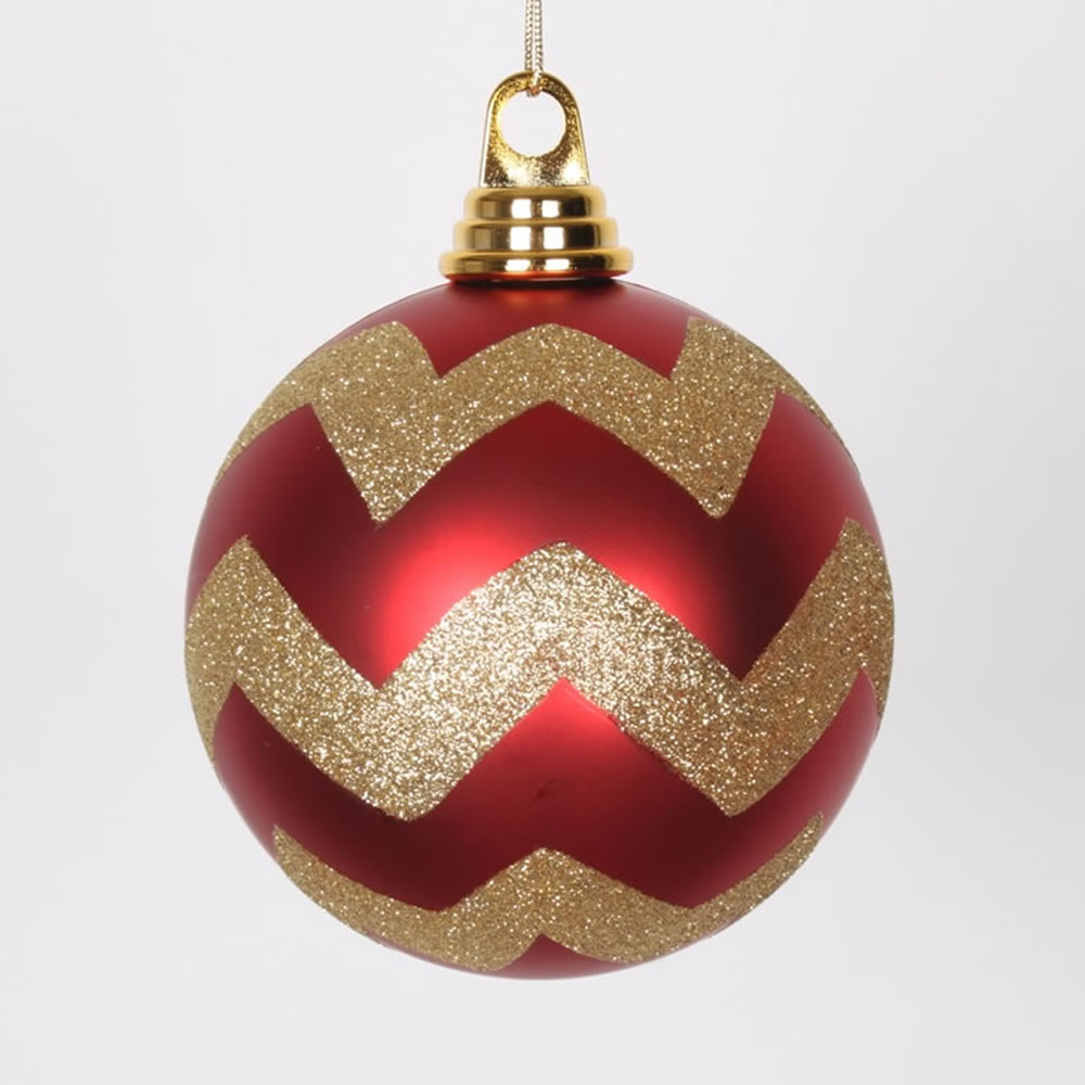 4.75 Inch Red and Gold Matte Glitter Chevron Round Christmas Ball Ornament Shatterproof​