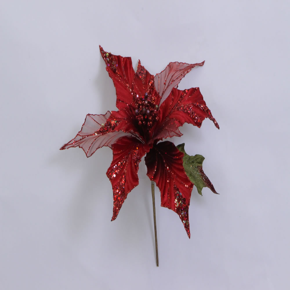 Christmastopia.com - Red Glitter Velvet Sheer Poinsettia Decorative Christmas Floral Pick