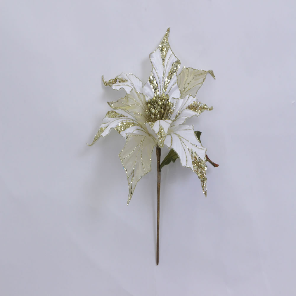 Cream Glitter Velvet Sheer Poinsettia Decorative Christmas Floral Pick