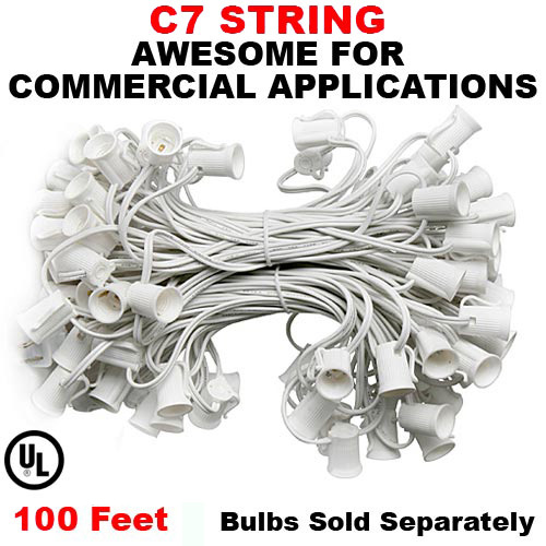 100 Foot C7 Socket Christmas Light Cord 12 Inch Spacing White Wire
