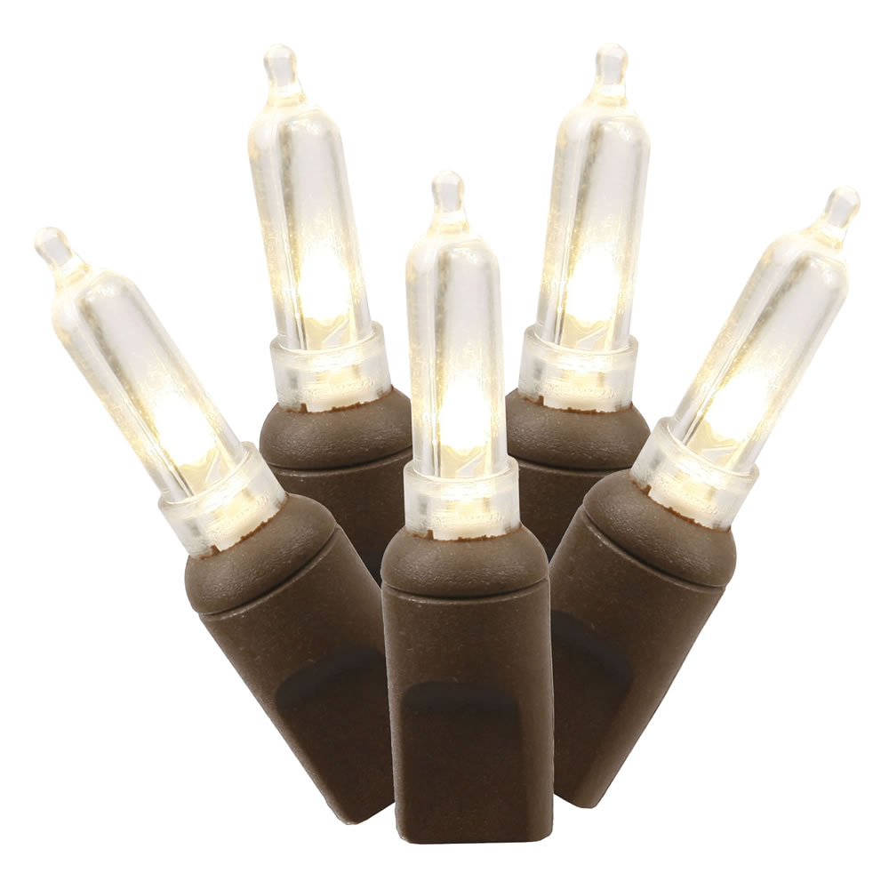 50 Commercial Grade LED Italian M5 Smooth Warm White Christmas Mini Light Set Brown Wire Polybag