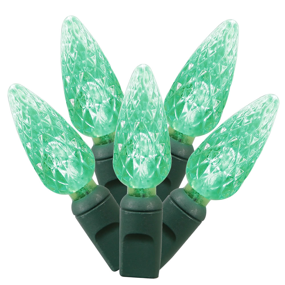 200 Commercial Grade LED C6 Strawberry Faceted Green Christmas Light Set Green Wire Spool