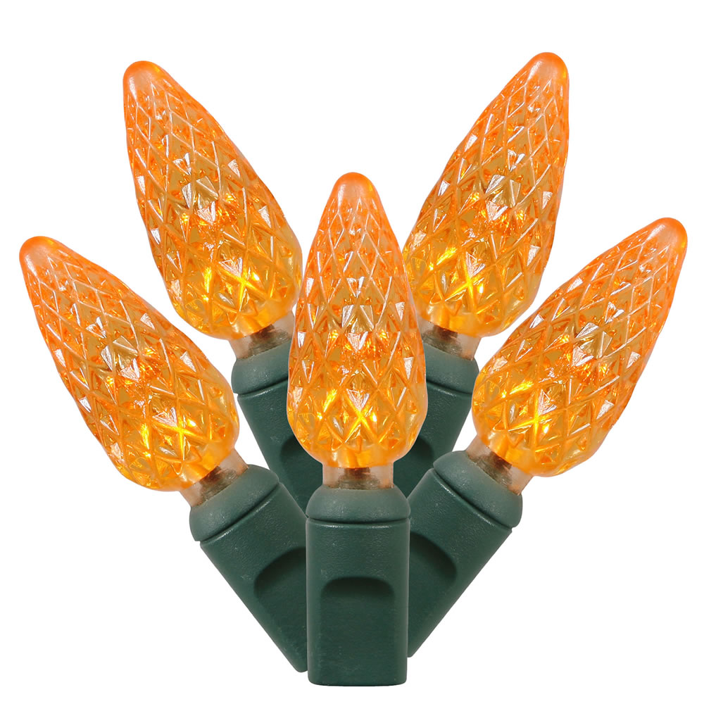 200 Commercial Grade LED C6 Strawberry Faceted Orange Halloween Light Set Green Wire Spool