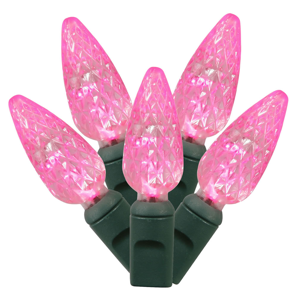 200 Commercial Grade LED C6 Strawberry Faceted Pink Christmas Light Set Green Wire Spool