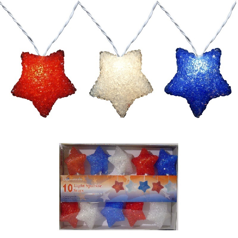 10 Patriotic Sparkling Red White And Blue Star Light Set - White Wire 10 Patriotic Sparkling Red White And Blue Star Light Set - White Wire