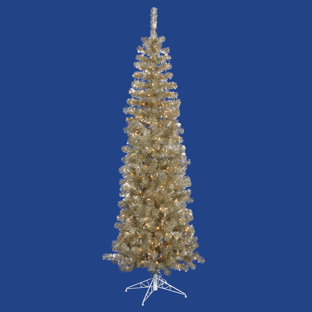 7.5 Foot Champagne Pencil Artificial Christmas Tree 400 DuraLit LED M5 Italian Warm White Mini Lights