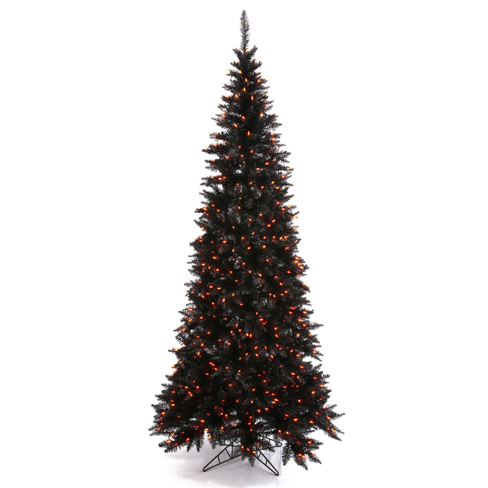 4.5 Foot Black Fir Slim Artificial Halloween Tree 200 DuraLit Incandescent Orange Mini Lights