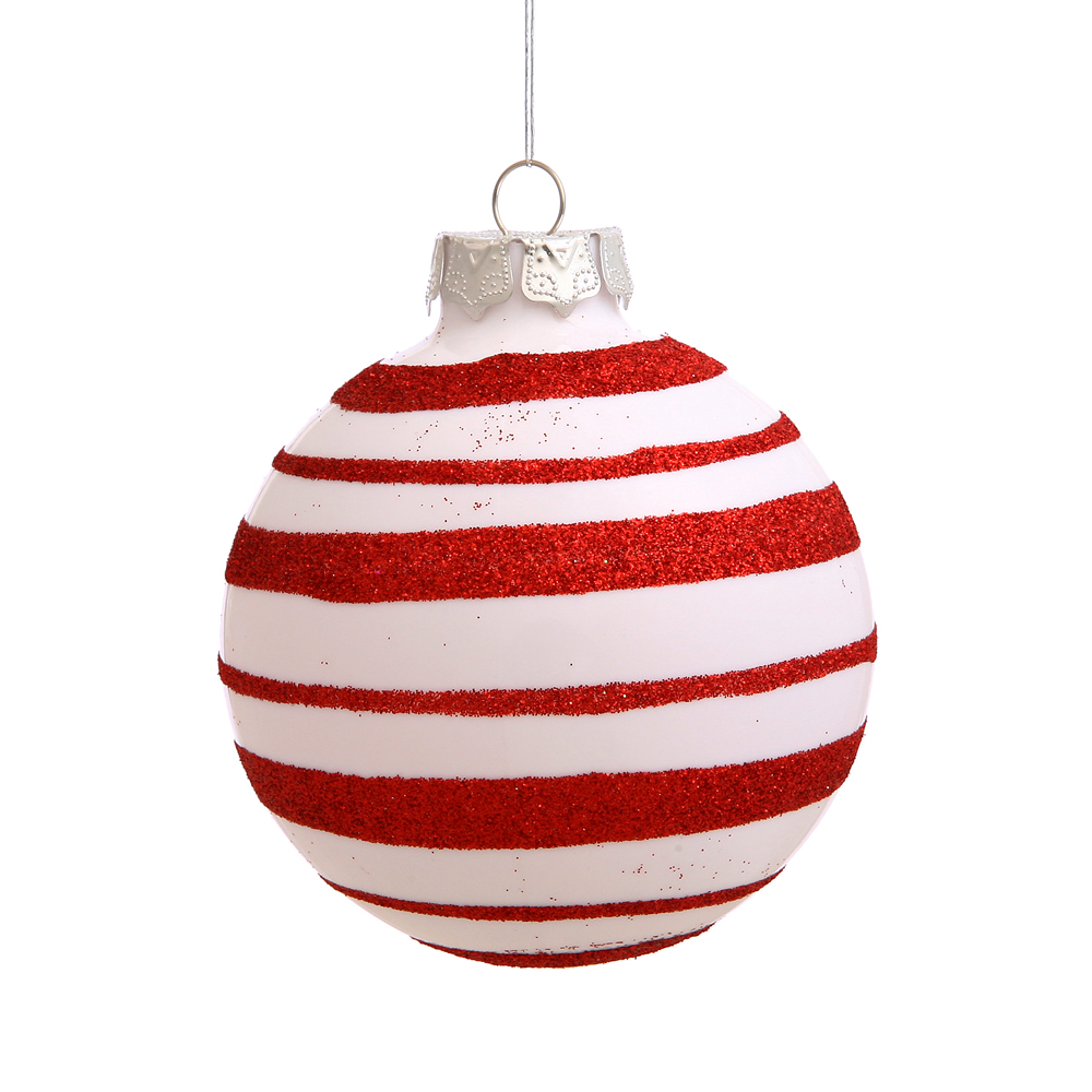 3 Inch White Candy Cane Stripe Round Christmas Ball Ornament