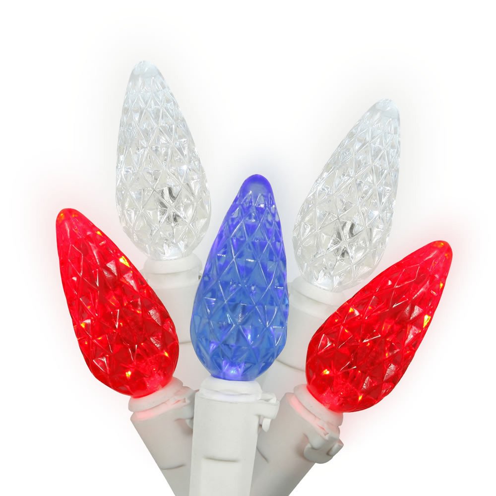 50 Commercial Grade LED C6 Strawberry Faceted Red White and Blue Patriotic Light Set White Wire