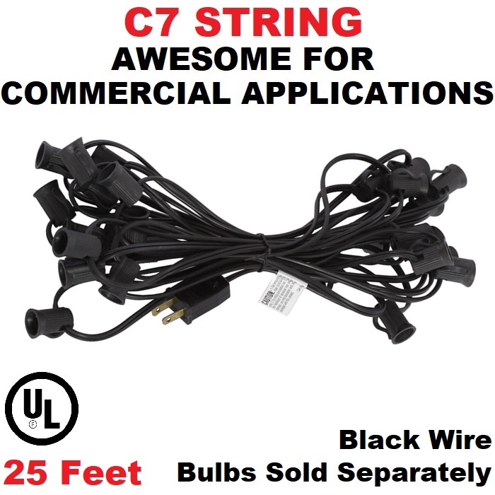 25 Foot C7 Molded Light String 12 Inch Socket Spacing Black Wire