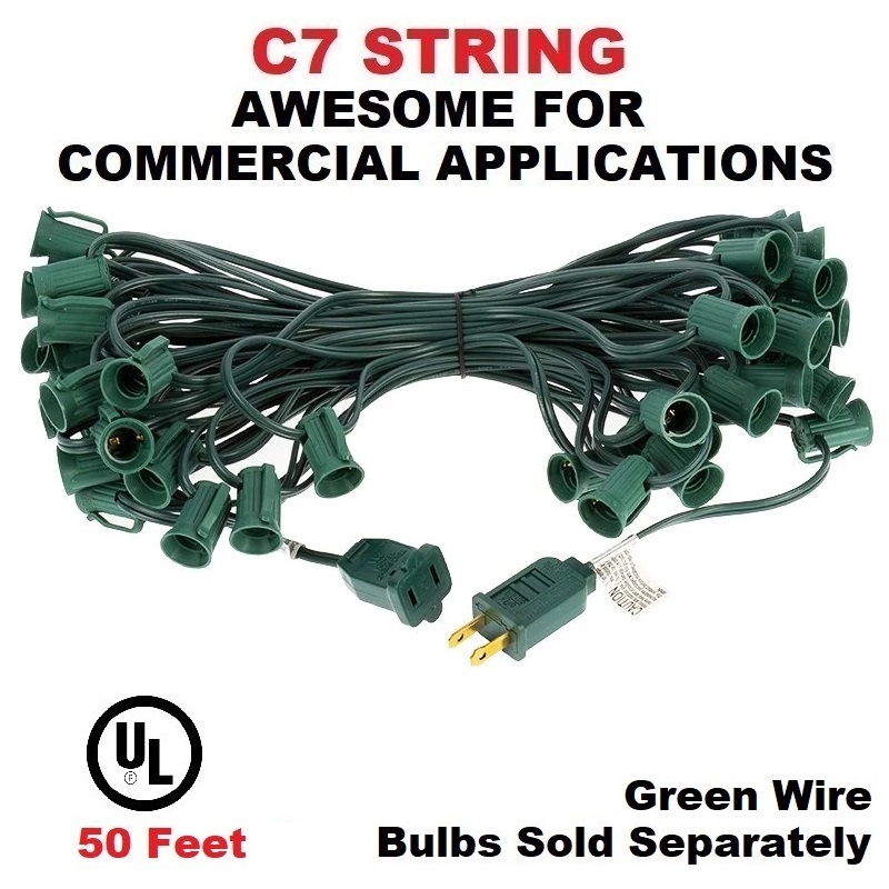 50 Foot C7 Light Socket Spool 18 Gauge Green Wire 12 Inch Spacing