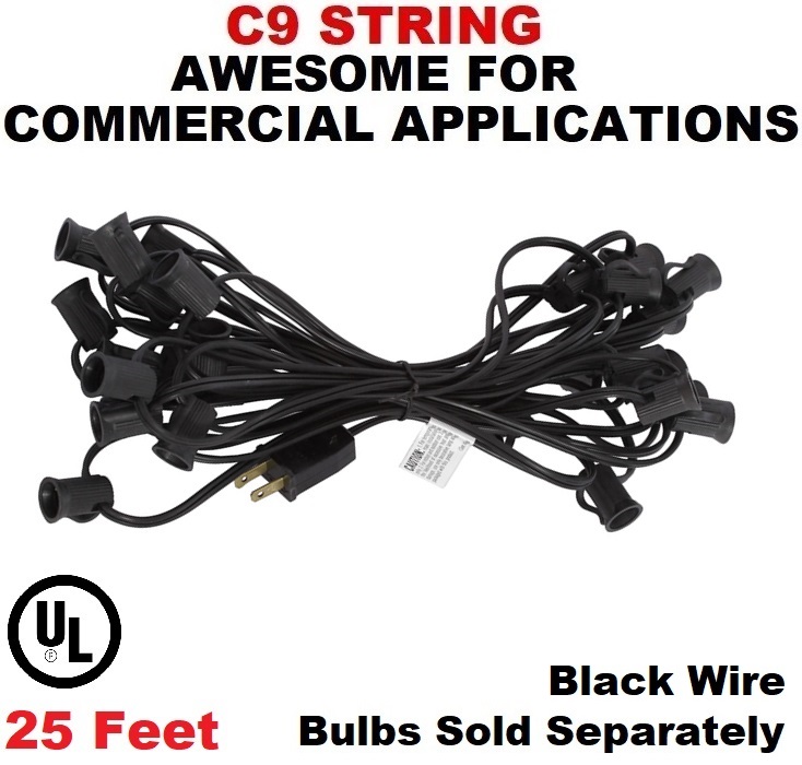 25 Foot C9 Fused Light String 12 Inch Socket Spacing Black Wire