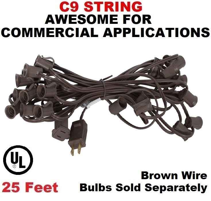 25 Foot C9 Fused Light String 12 Inch Socket Spacing Brown Wire