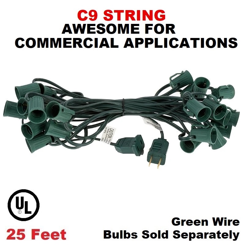 25 Foot C9 Fused Light String 12 Inch Socket Spacing Green Wire
