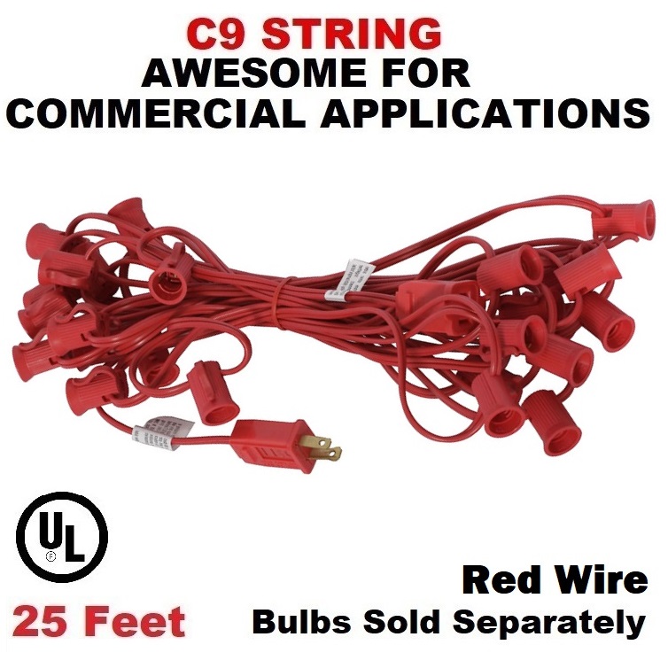 25 Foot C9 Light String 12 Inch Socket Spacing Red Wire