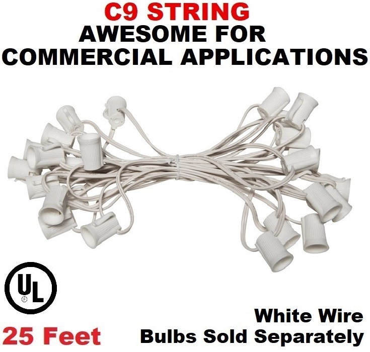 25 Foot C9 Fused Light String 12 Inch Socket Spacing White Wire