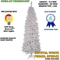 7.5 Foot White Pencil Pine Lighted Artificial Christmas Tree Clear Lights