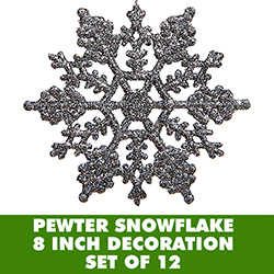 8 Inch Pewter Glitter Snowflake 12 per Set