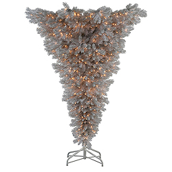 7 Foot Silver White Upside Down Artificial Christmas Tree 600 Clear Lights