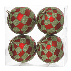 4.7 Inch Red And Lime Check Glitter Ornament 4 per Set