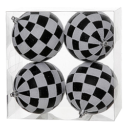 4.7 Inch Black And White Check Glitter Ornament 4 per Set